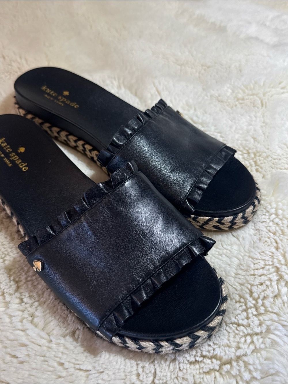 kate spade Black Leather Ruffle Espadrille Slide Sandals